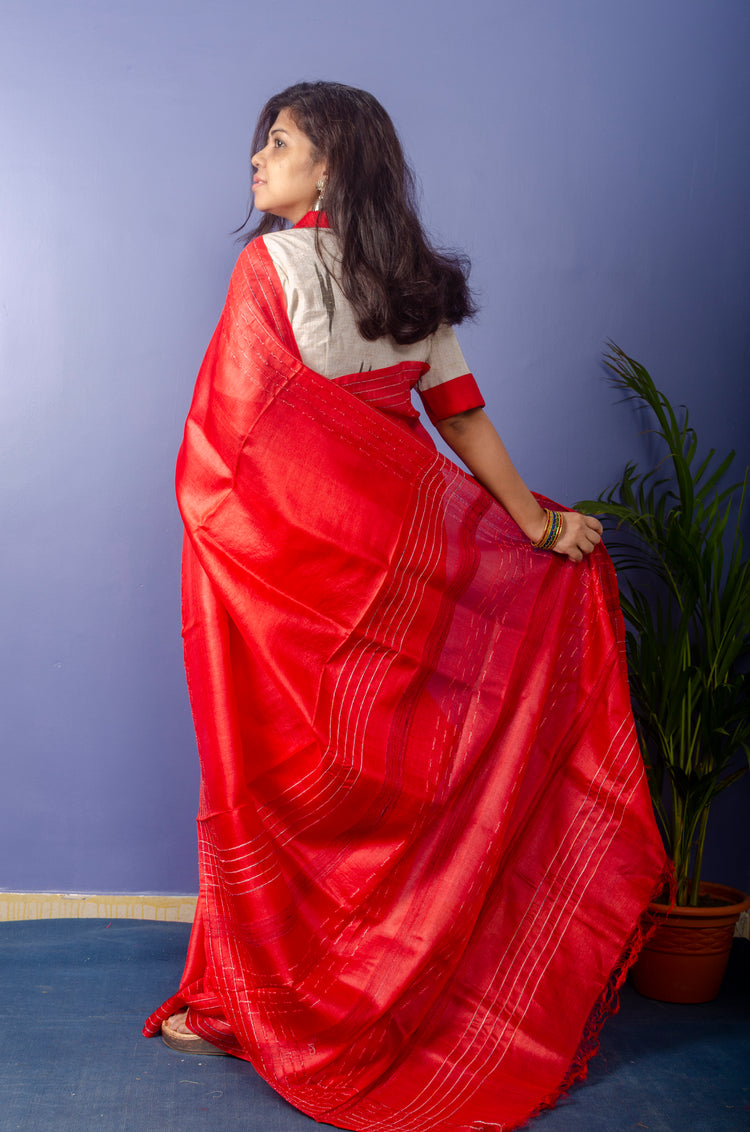 Crimson Pure Tussar Sari with Stripe Border with Resham Thread