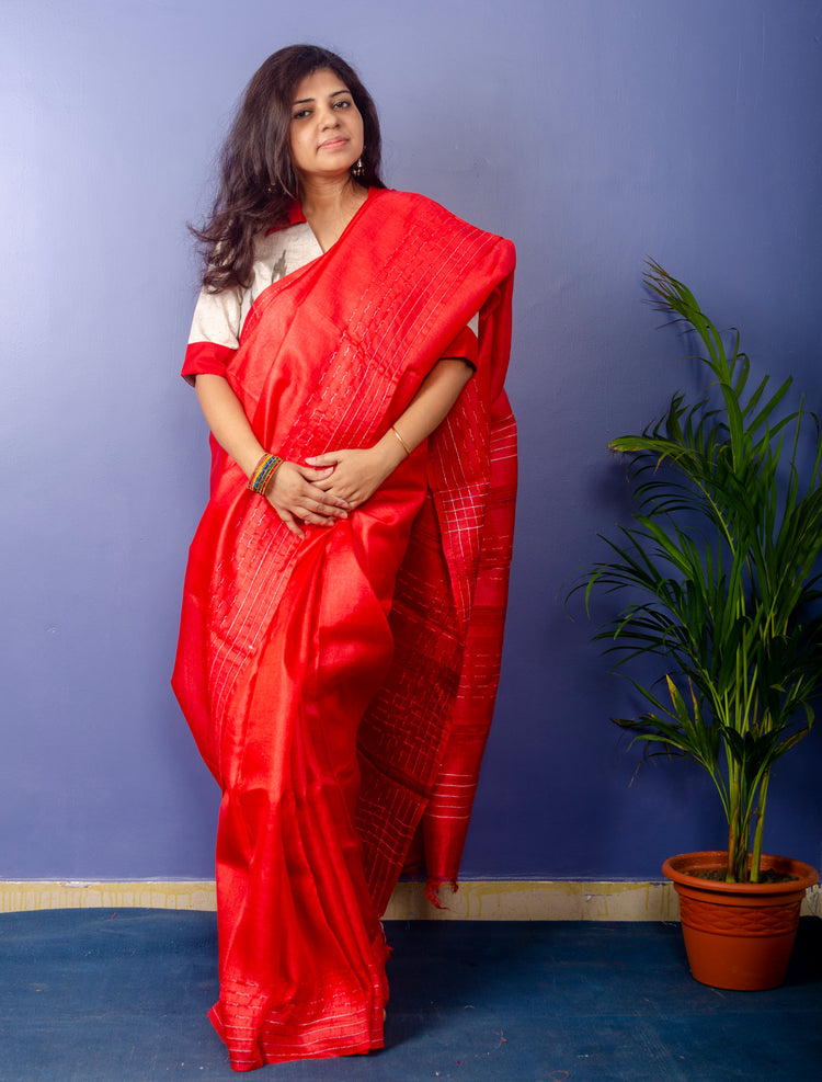 Pure Crimson Kosa Silk Sari