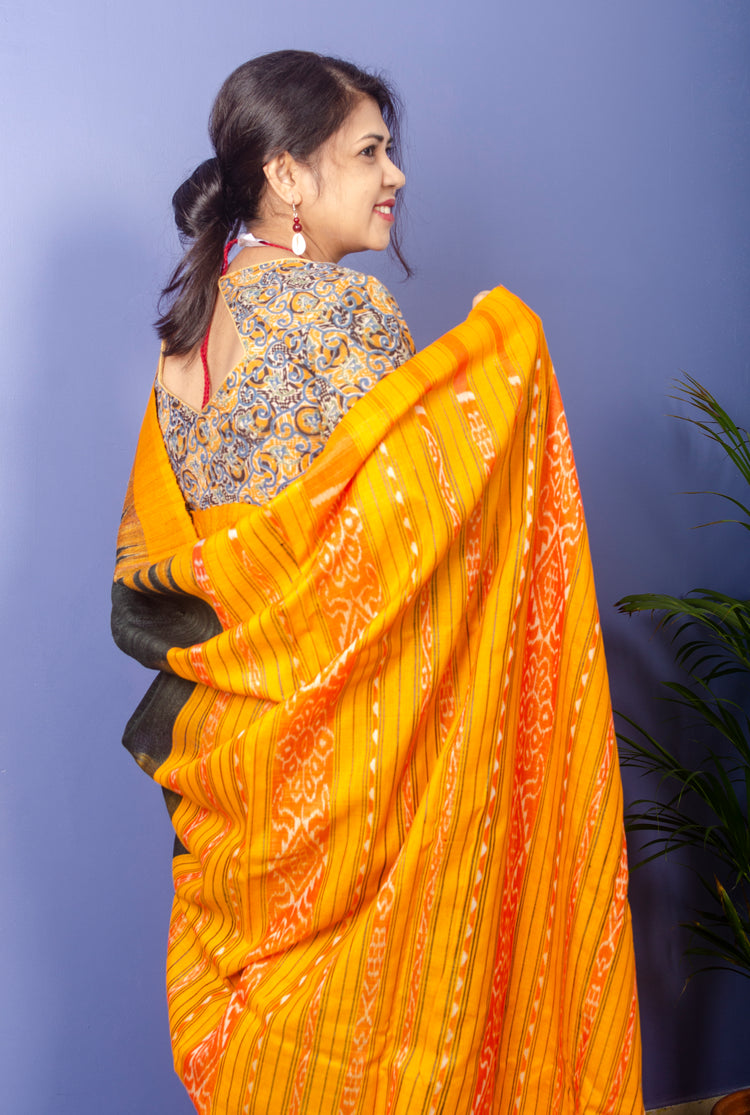 Black Ghicha Silk Sari with Mustard Temple And Ikkat Pallu