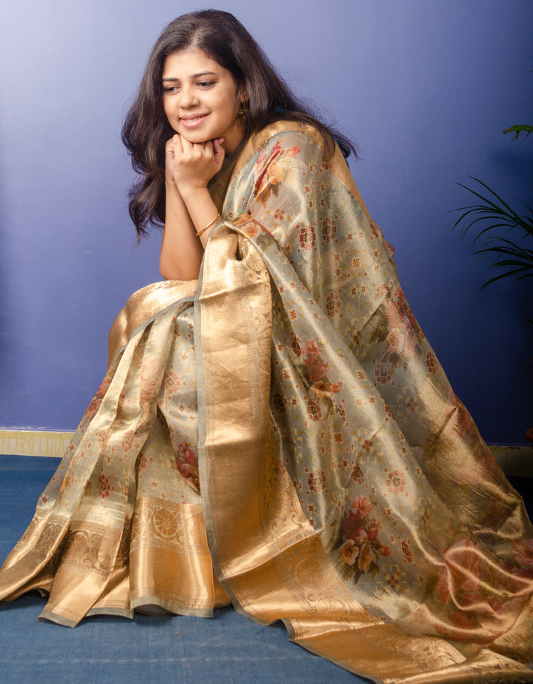 Kora Tissue Banarasi Sari with Floral Print.