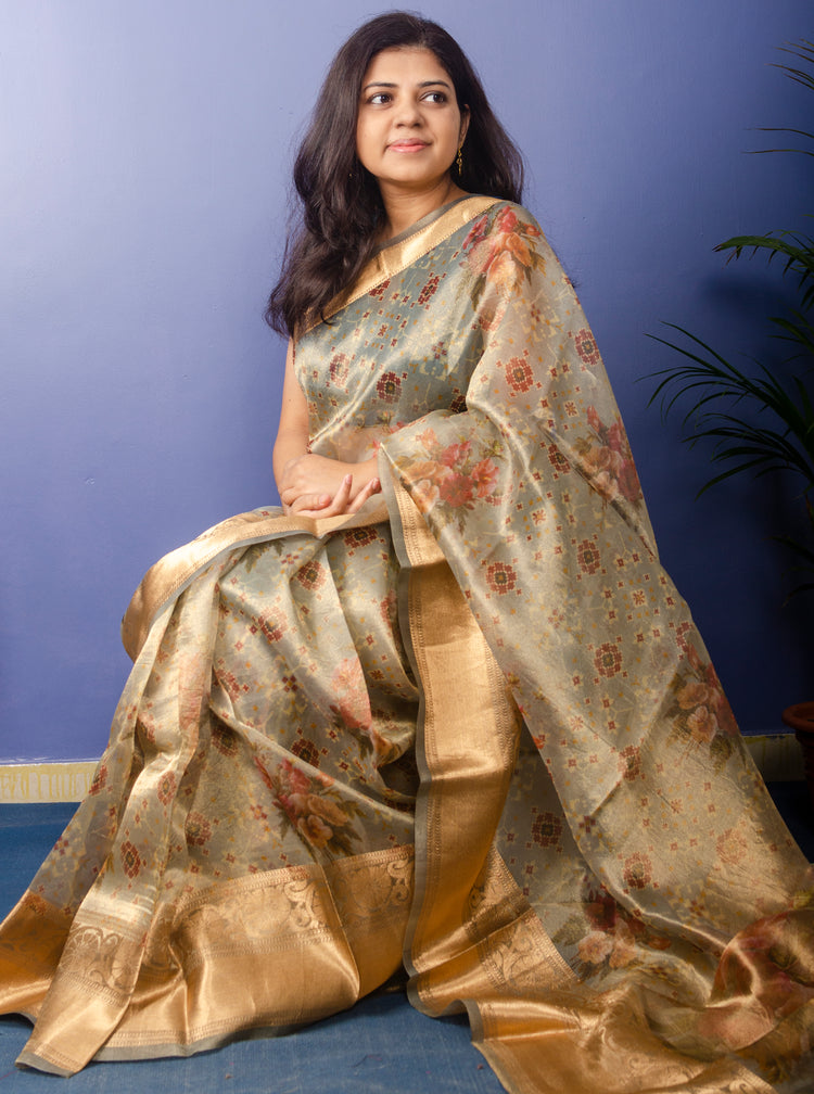 Kora Tissue Banarasi Sari with Floral Print.