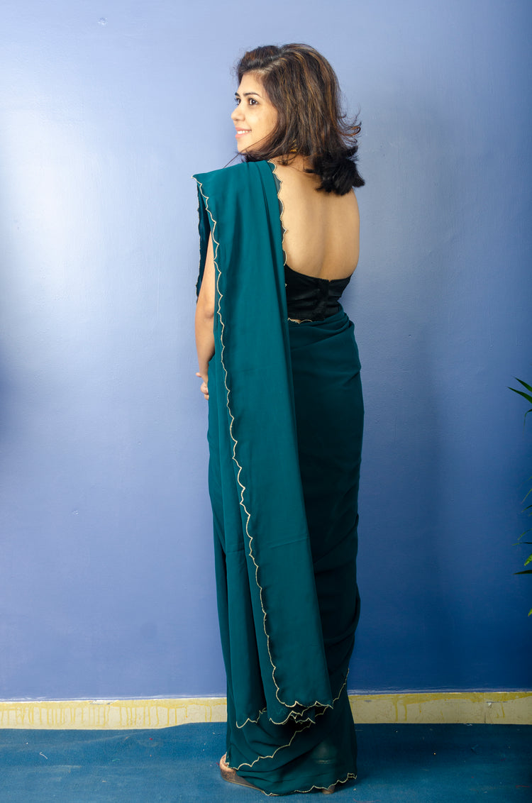 Beautiful Pine Green Georgette Sari with Scallop Border