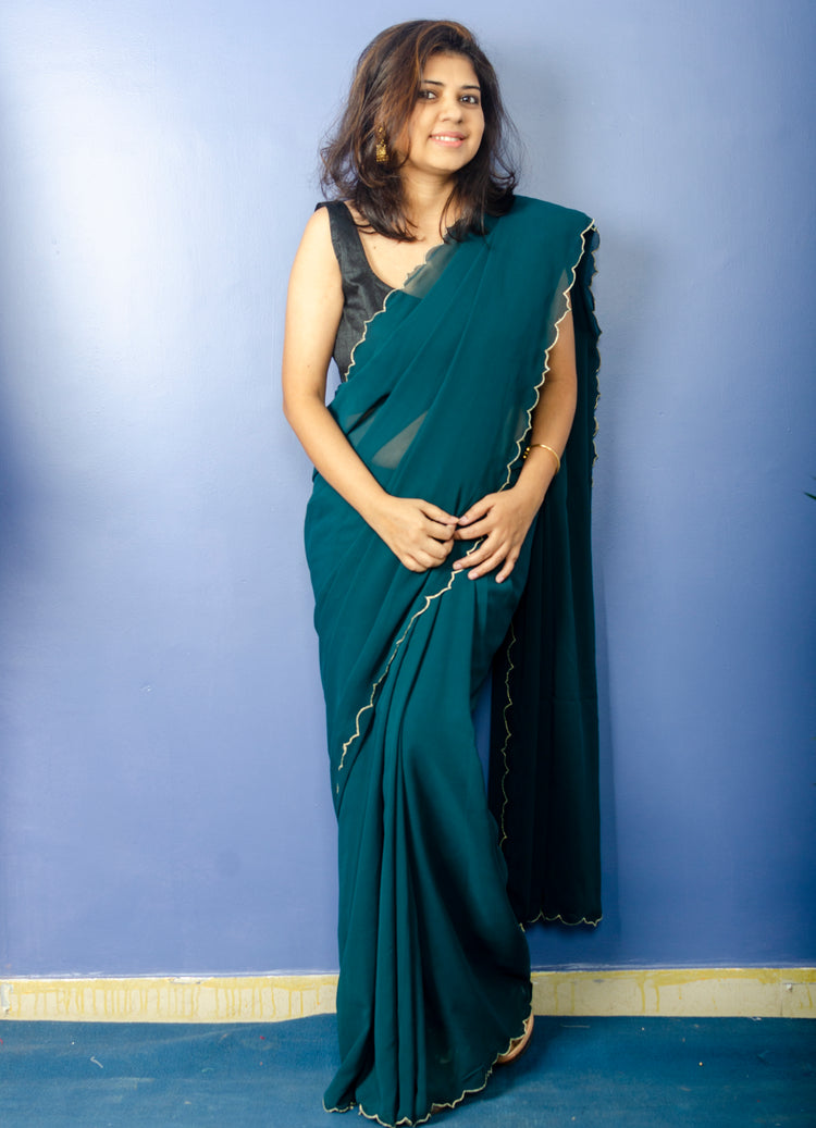 Beautiful Pine Green Georgette Sari with Scallop Border