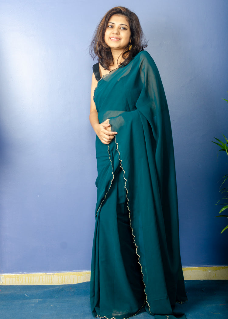 Beautiful Pine Green Georgette Sari with Scallop Border