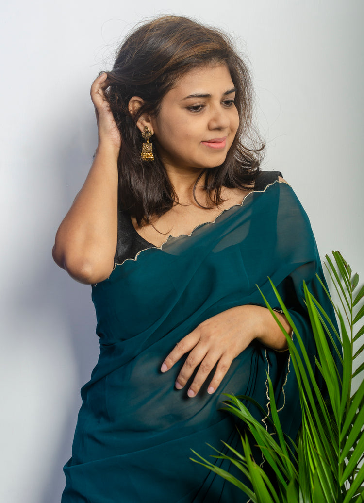 Beautiful Pine Green Georgette Sari with Scallop Border