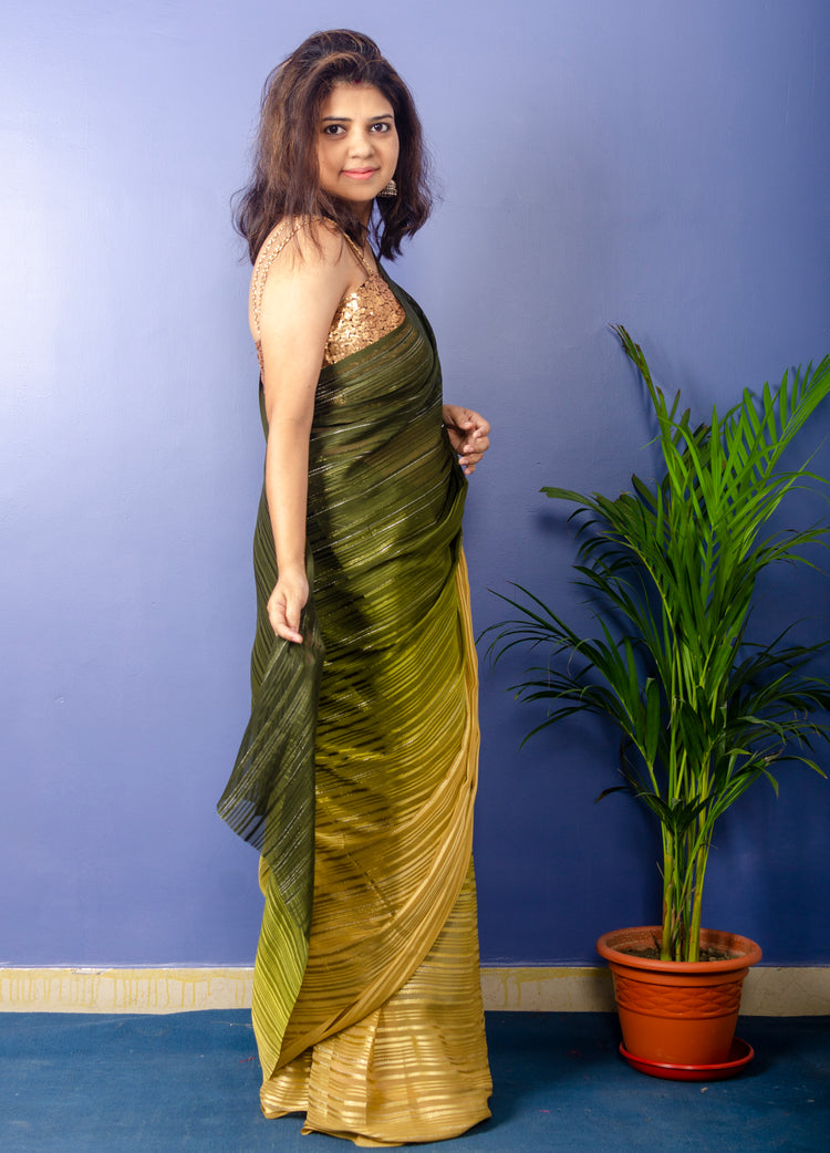 Seaweed Georgette Lurux Sari with Golden sequnce Blouse