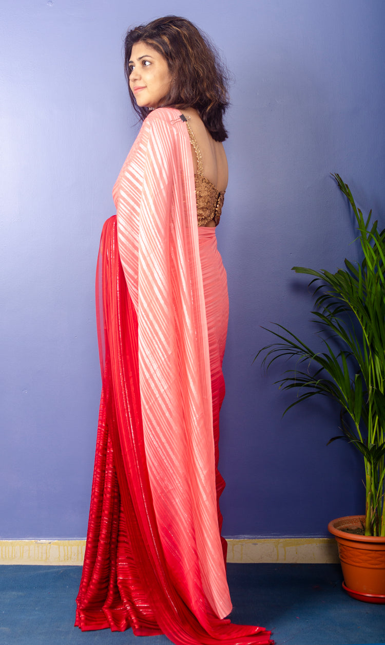 Candy Apple Georgette Lurux Sari with Golden sequnce Blouse