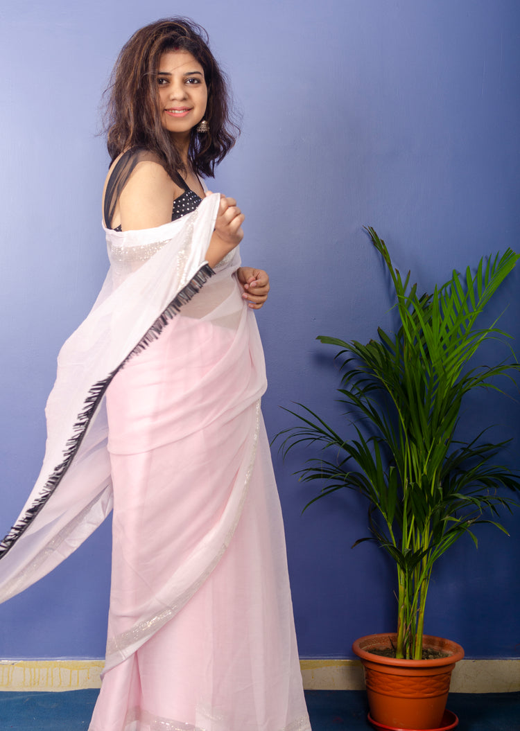Baby Pink Chiffon Sari with Black sequnce Blouse piece