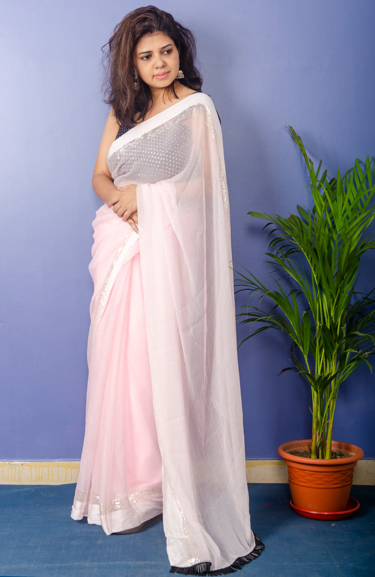 Baby Pink Chiffon Sari with Black sequnce Blouse piece