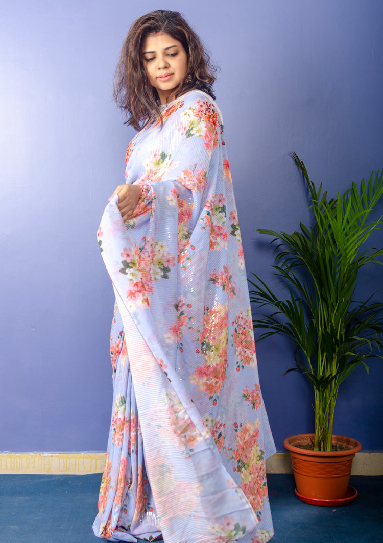 Periwinkle Georgette Sari with Floral Digital Print and Sequence Work.