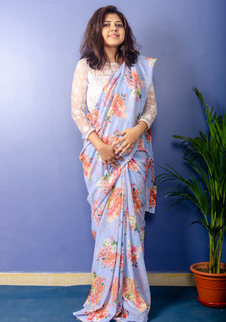 Periwinkle Georgette Sari with Floral Digital Print and Sequence Work.