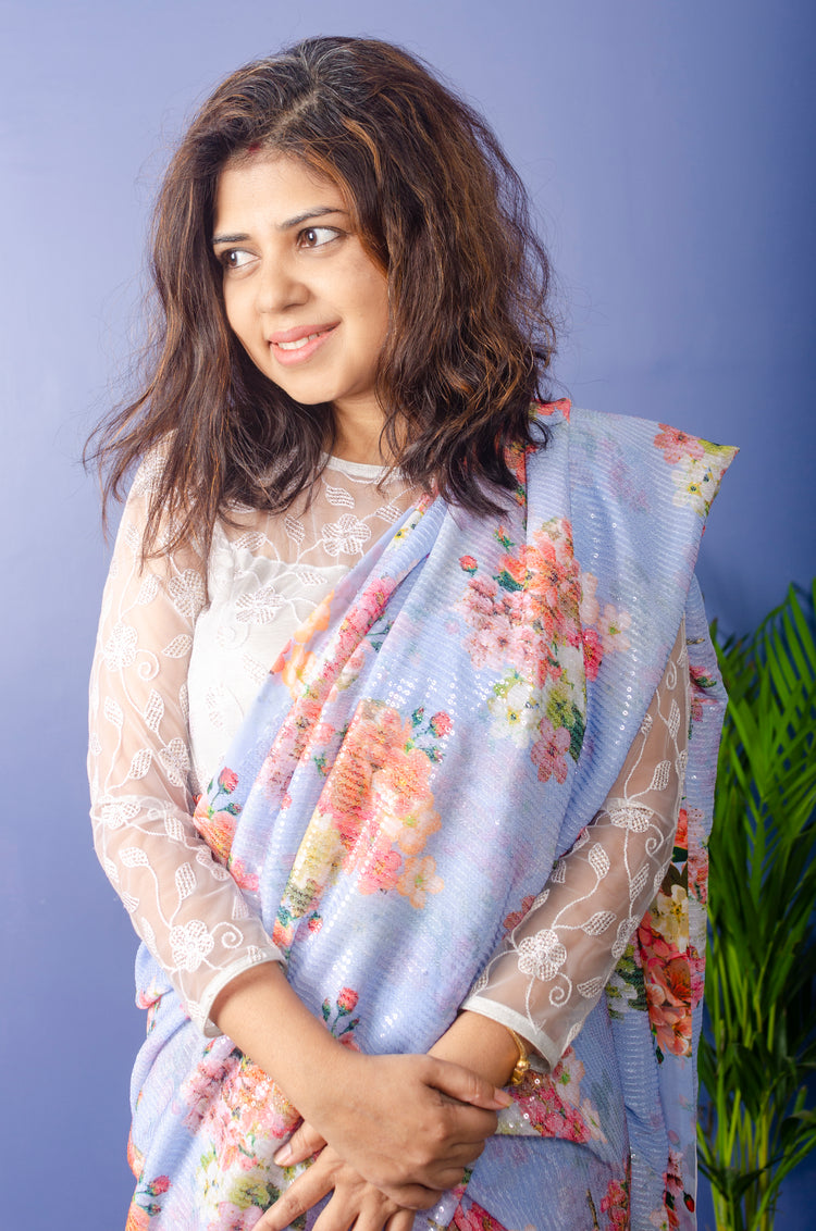 Periwinkle Georgette Sari with Floral Digital Print and Sequence Work.