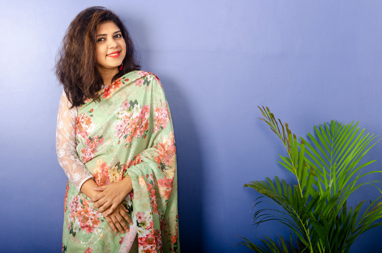 Pistachio Georgette Sari with Floral Digital Print and Sequence Work.