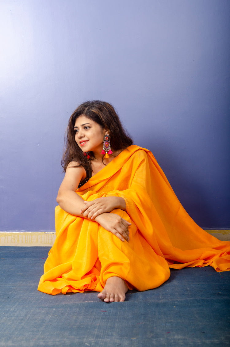 Marigold Color Georgette Sari with Black  Blouse piece