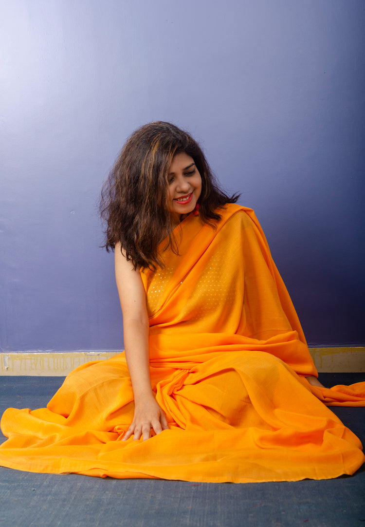 Marigold Color Georgette Sari with Black  Blouse piece