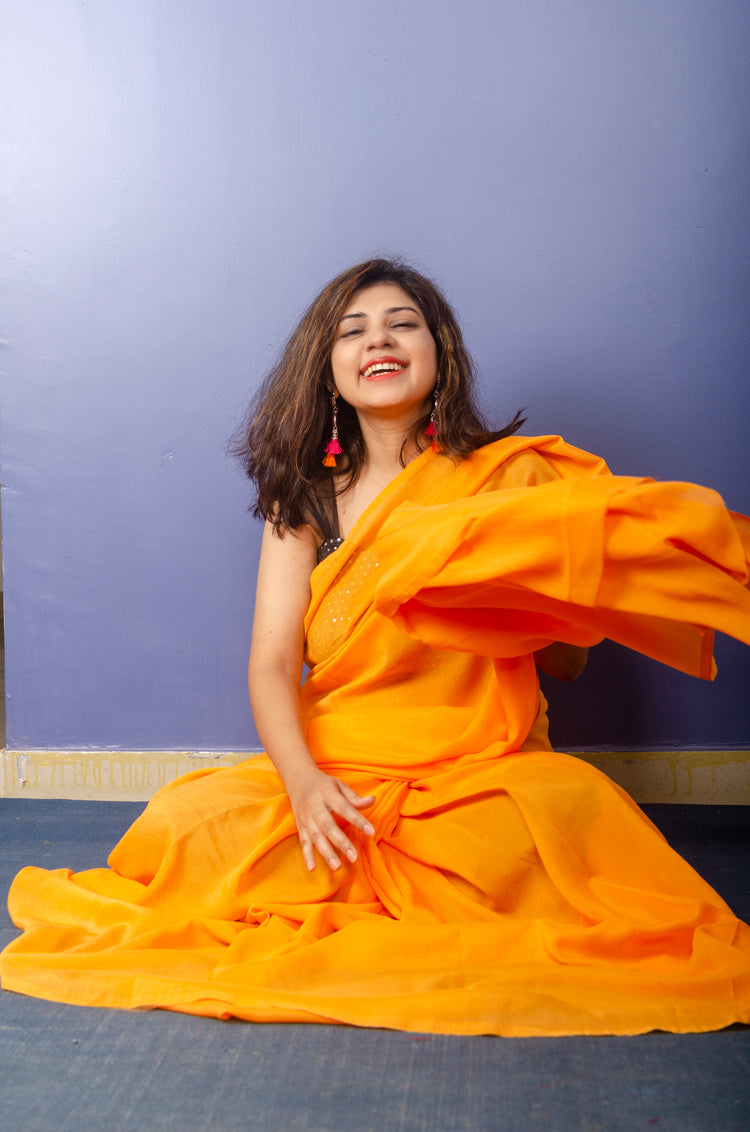 Marigold Color Georgette Sari with Black  Blouse piece