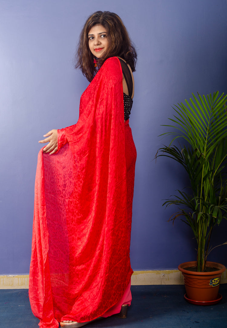 Peach Red Shades Georgette Sari