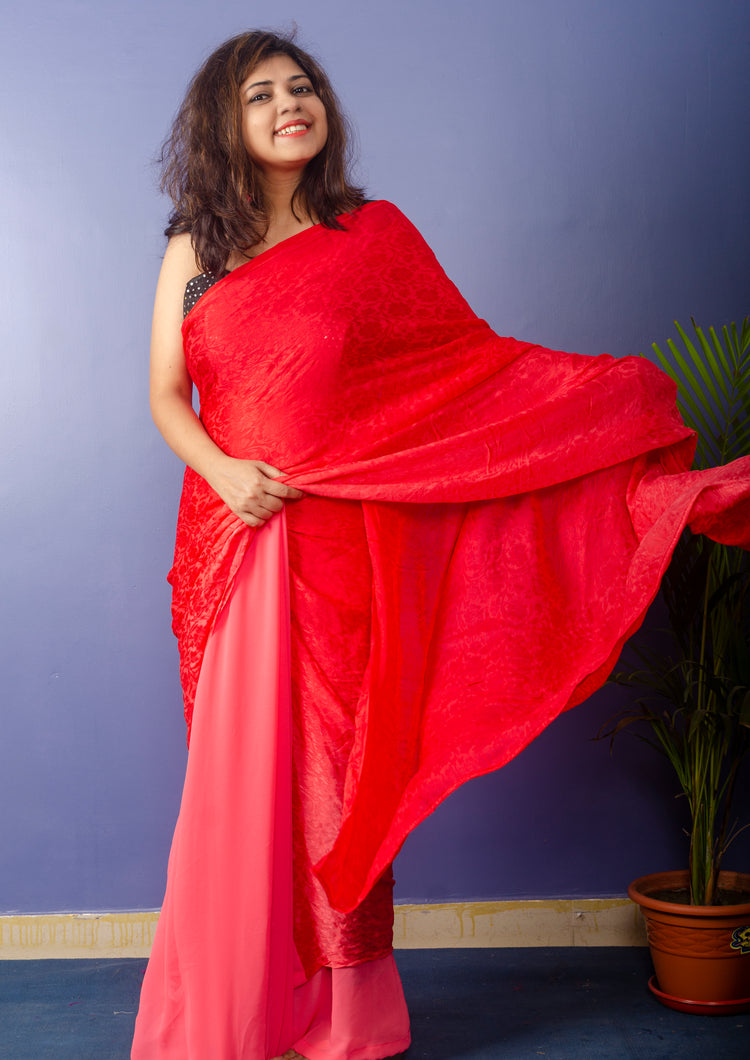 Peach Red Shades Georgette Sari