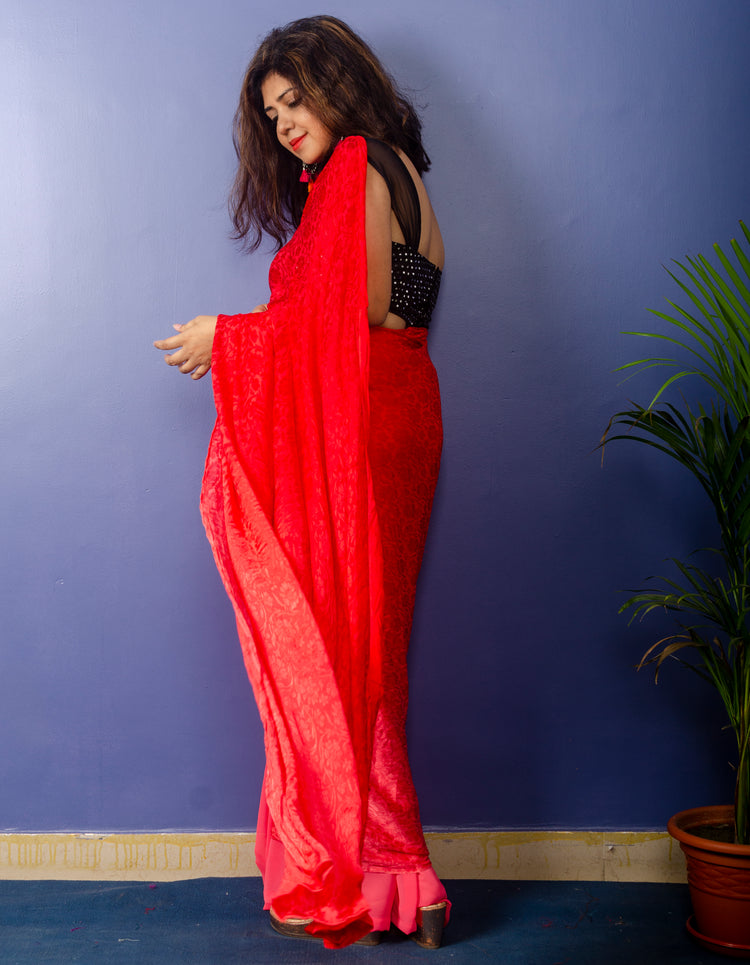 Peach Red Shades Georgette Sari