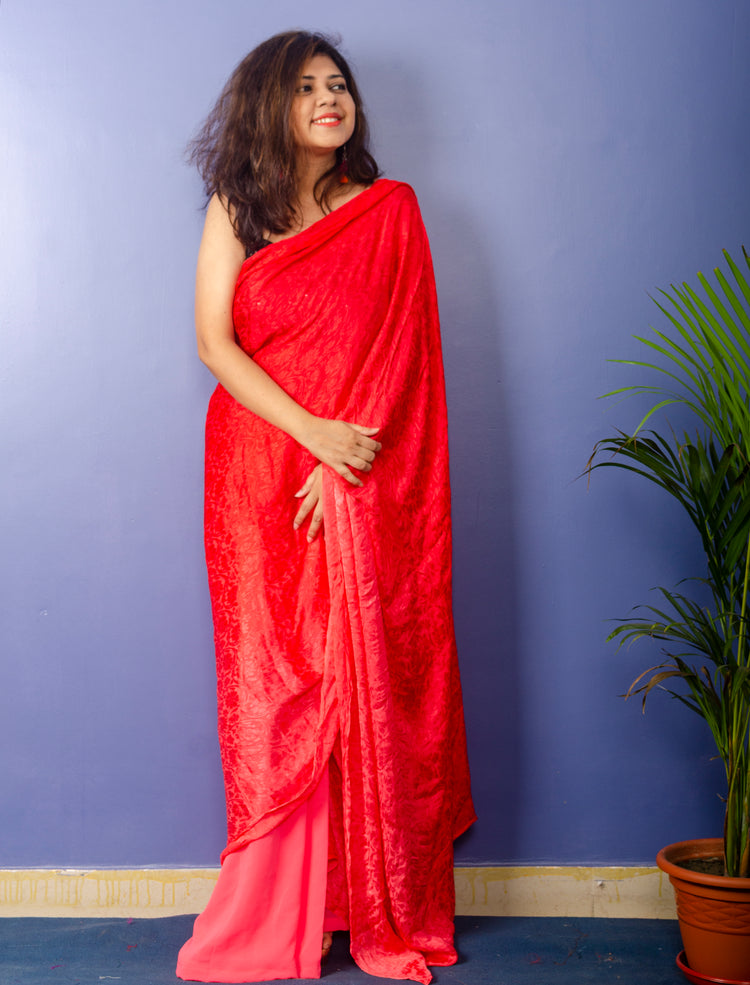 Peach Red Shades Georgette Sari