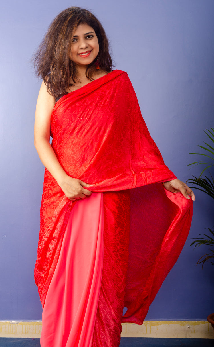 Peach Red Shades Georgette Sari