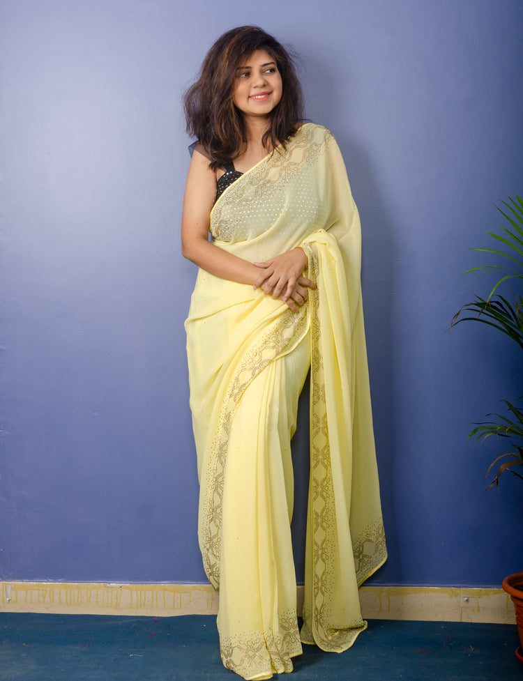 Lemon Yellow Viscos Sari with Swarovski Work