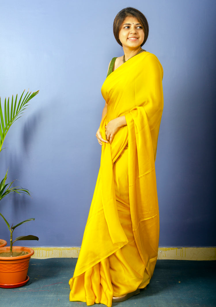 Mustard Yellow Satin Saree With Green Blouse Piece