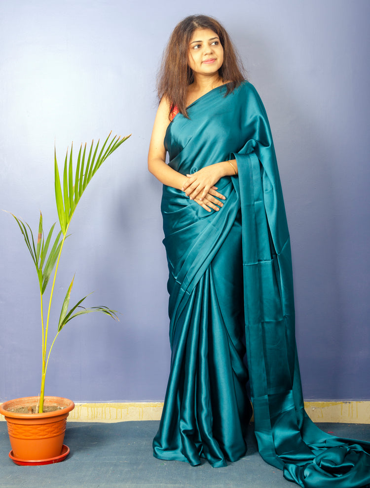 Plain Cyan Color Satin Saree
