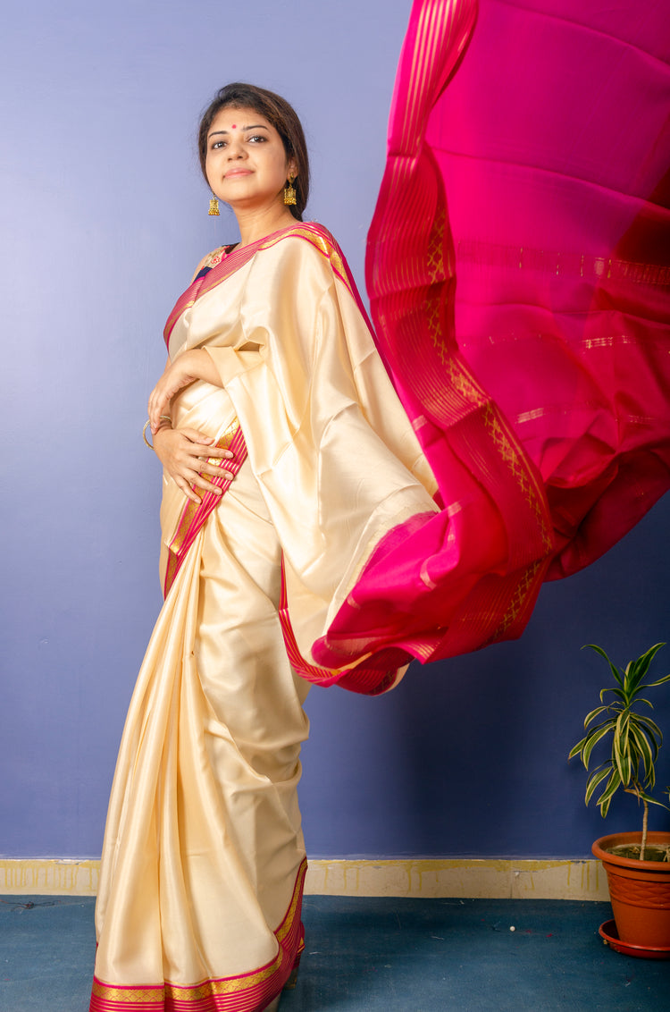 Beautiful Beige Magenta Crepe Silk Sari