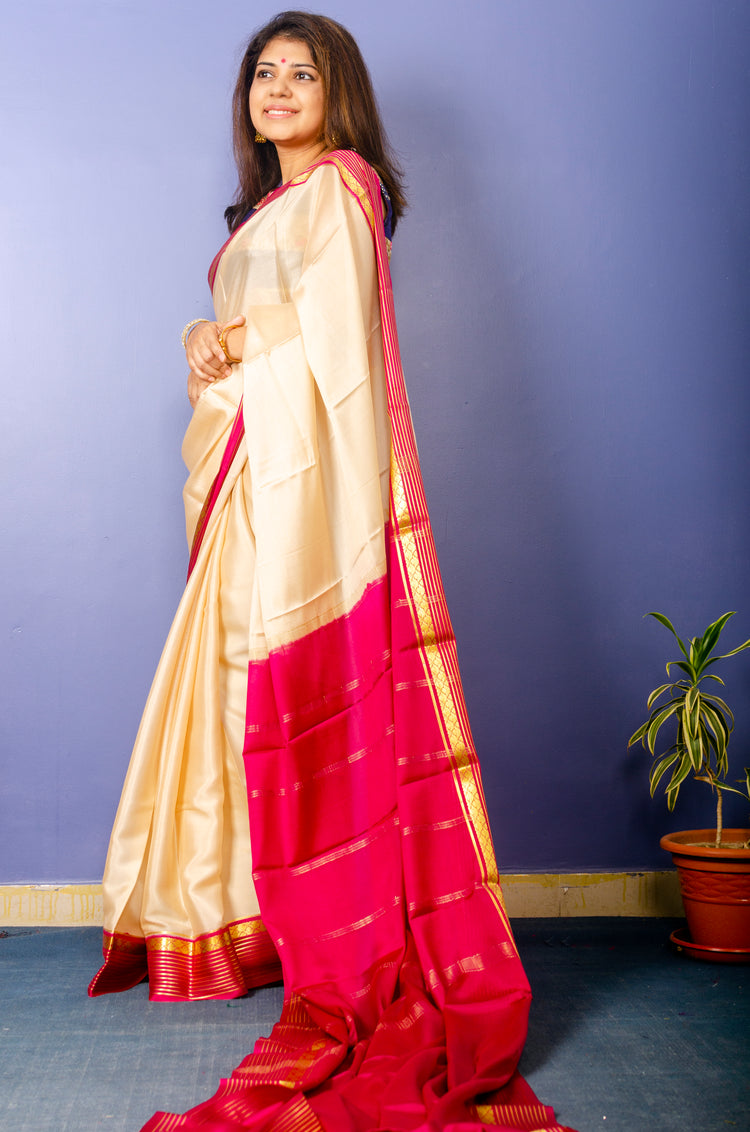 Beautiful Beige Magenta Crepe Silk Sari