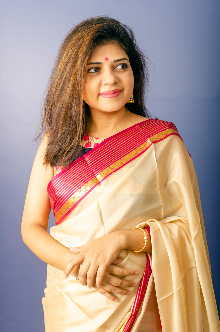 Beautiful Beige Magenta Crepe Silk Sari