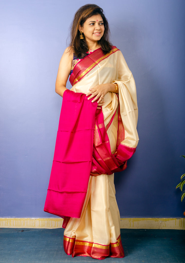 Beautiful Beige Magenta Crepe Silk Sari