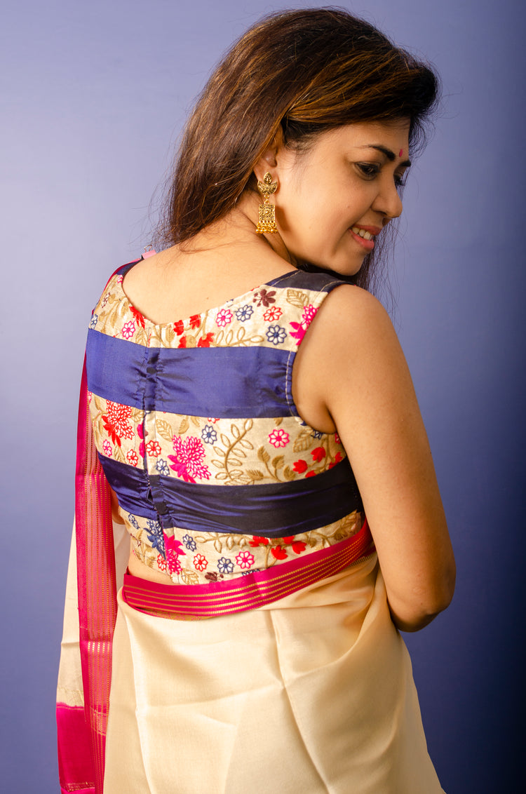 Beautiful Beige Magenta Crepe Silk Sari