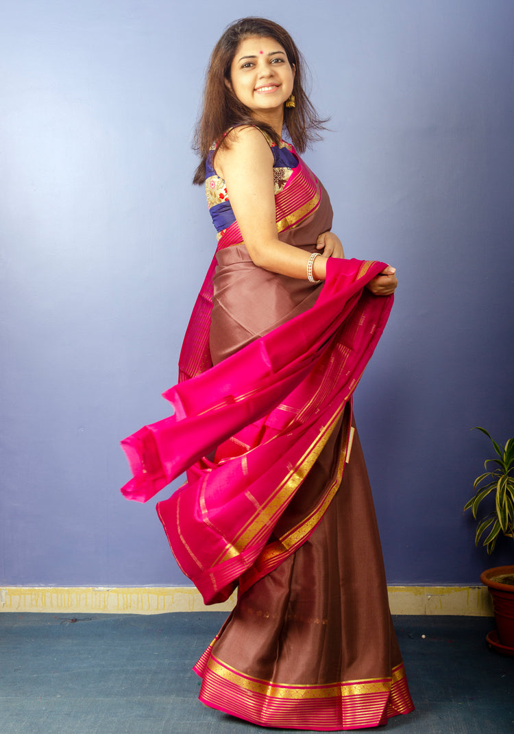 Beautiful DarkBrown Magenta Crepe Silk Sari