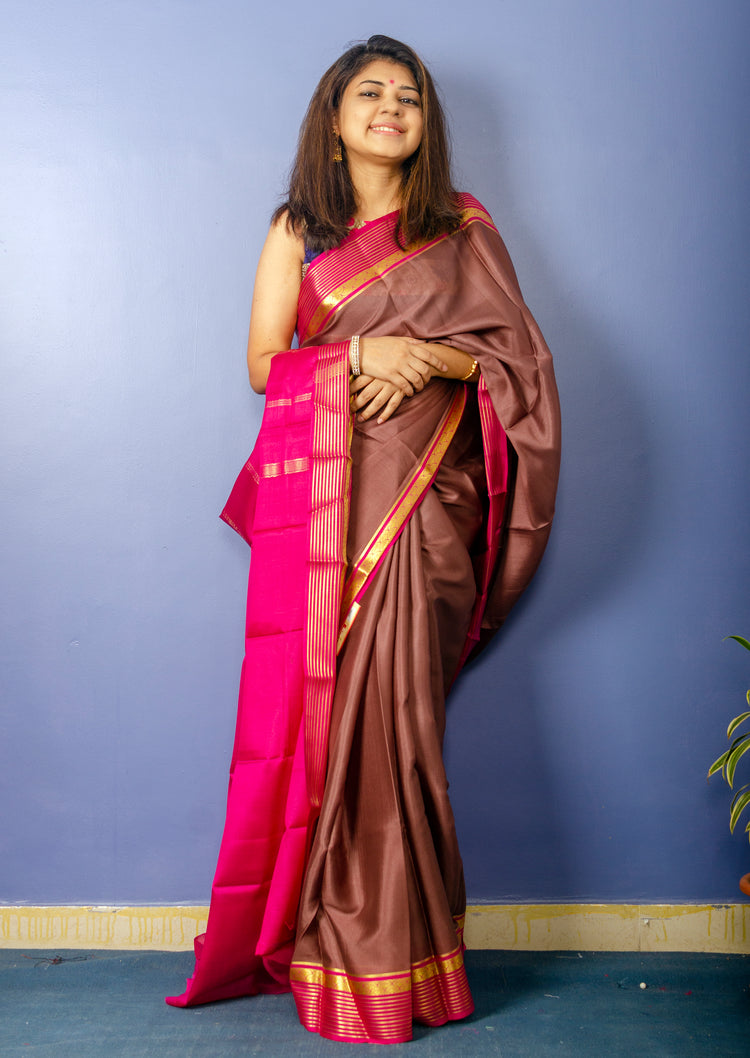 Beautiful DarkBrown Magenta Crepe Silk Sari
