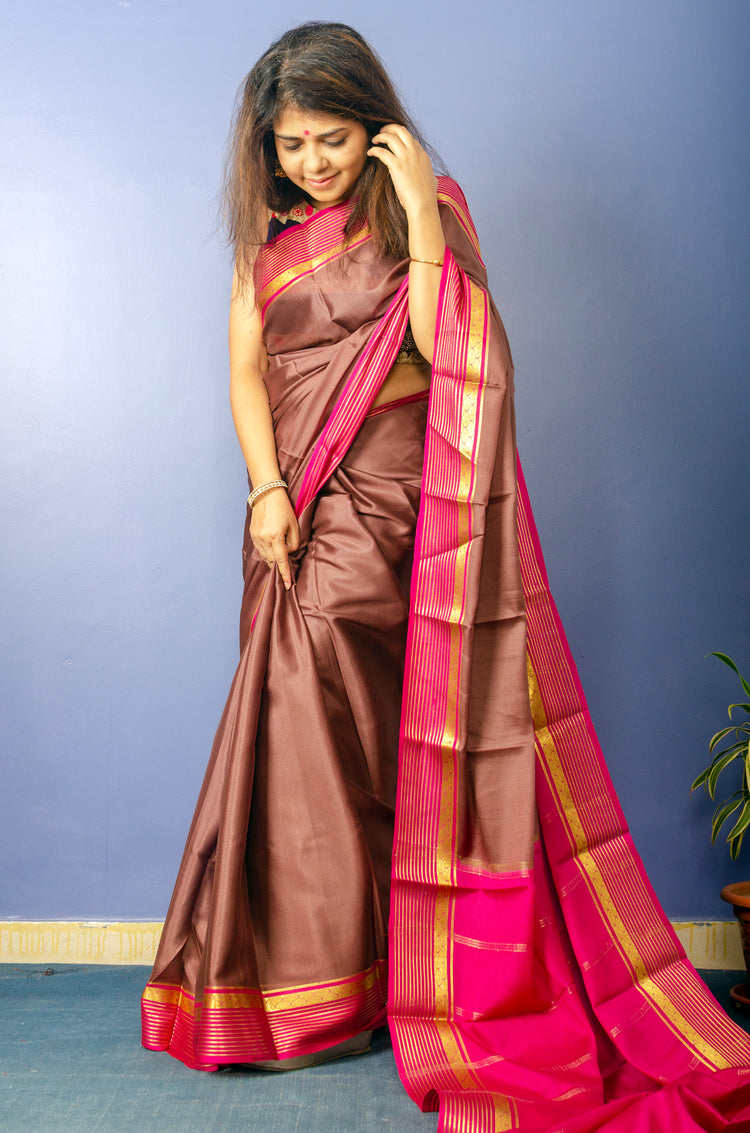 Beautiful DarkBrown Magenta Crepe Silk Sari