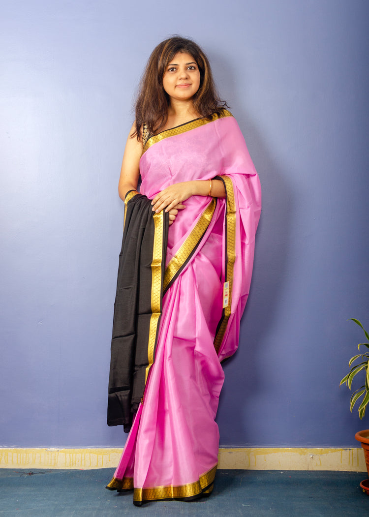 Beautiful Taffy Pink with Black Crepe Silk Sari