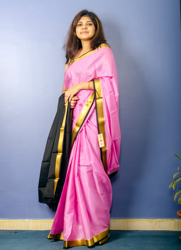 Beautiful Taffy Pink with Black Crepe Silk Sari