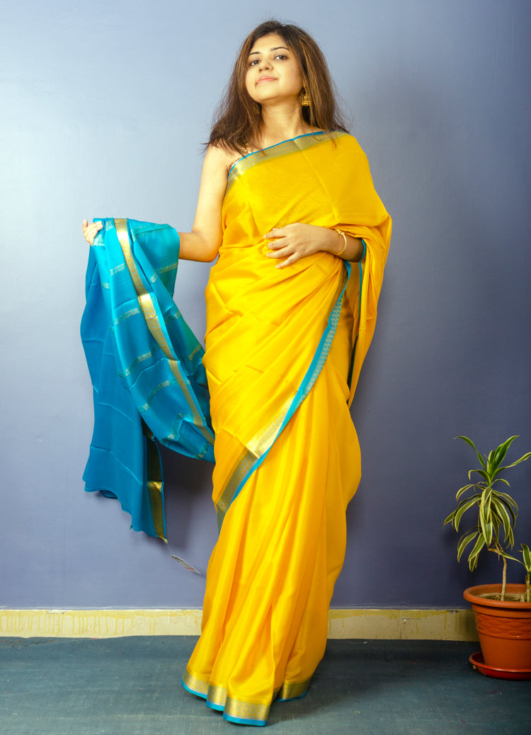 Beautiful Yellow Blue Crepe Silk Sari