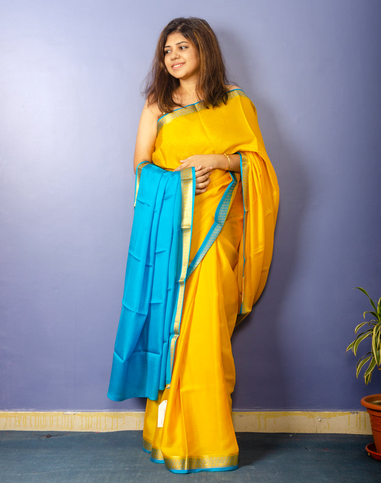 Beautiful Yellow Blue Crepe Silk Sari