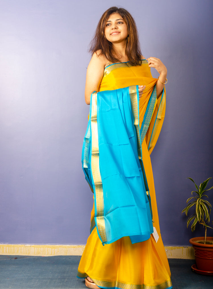 Beautiful Yellow Blue Crepe Silk Sari