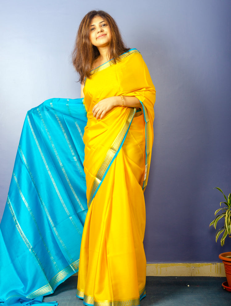 Beautiful Yellow Blue Crepe Silk Sari