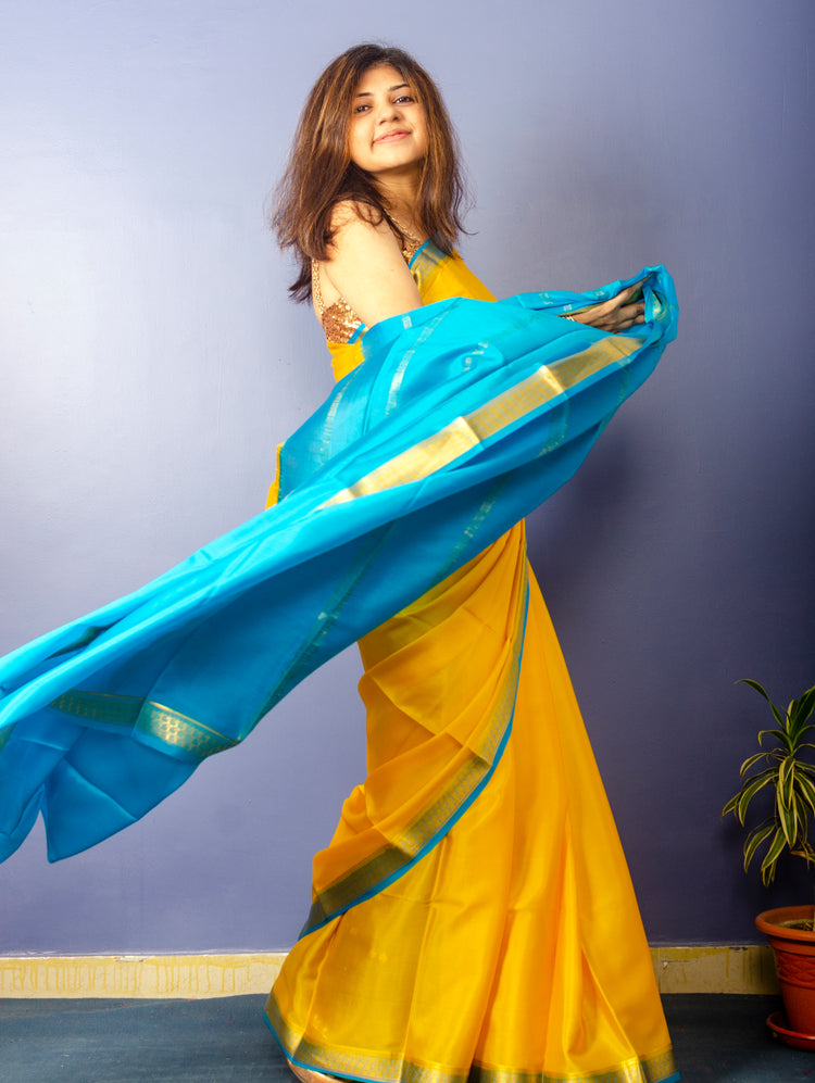 Beautiful Yellow Blue Crepe Silk Sari