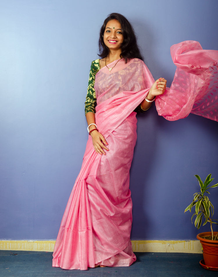 Peach Colour Plain Sari with Resham Pallu