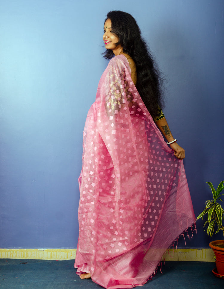 Peach Colour Plain Sari with Resham Pallu