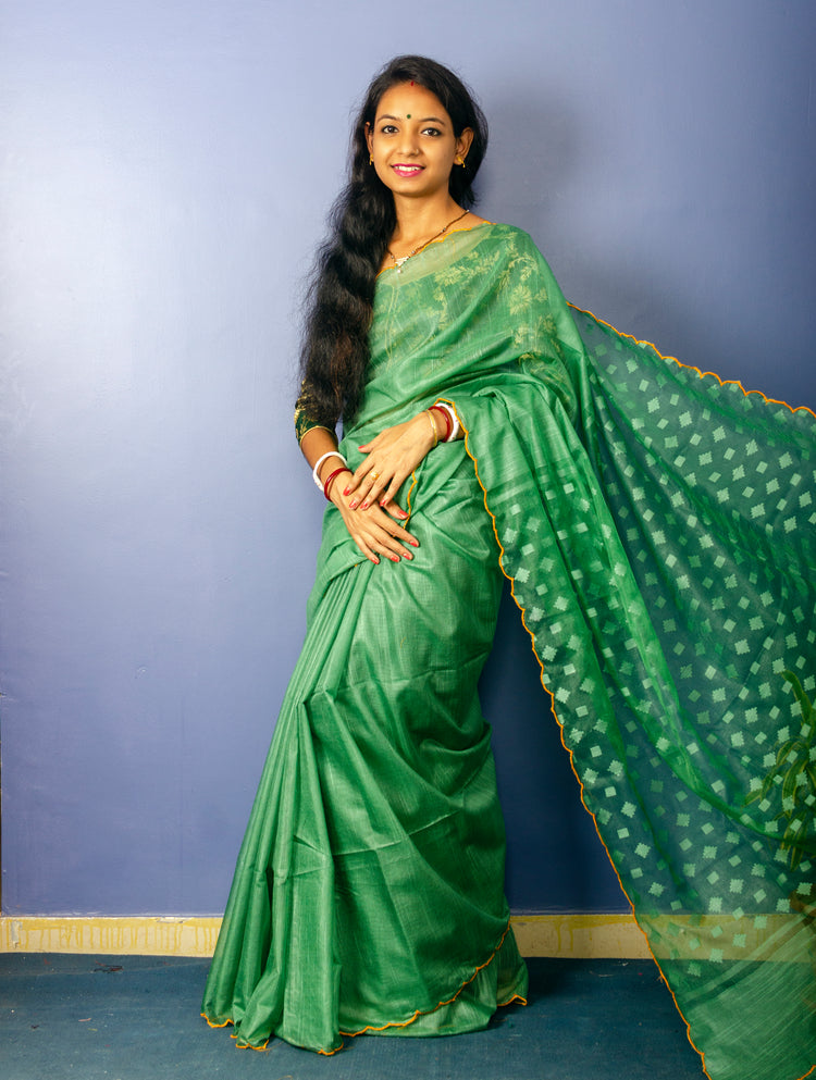 Handwoven Jade Green Resham Sari With Scalloped Border