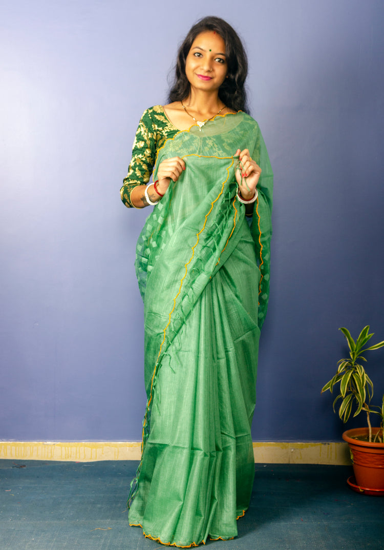 Handwoven Jade Green Resham Sari With Scalloped Border