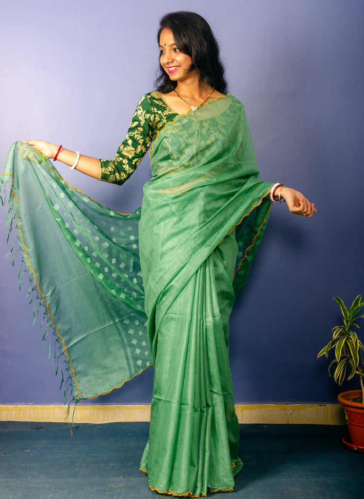 Handwoven Jade Green Resham Sari With Scalloped Border