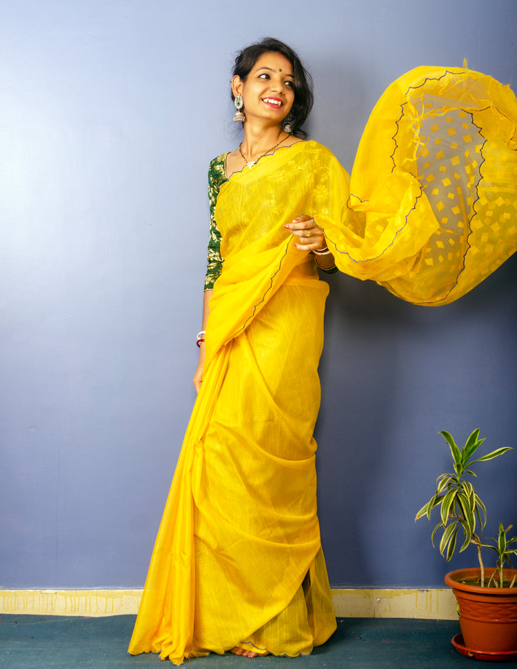 Yellow Resham Sari With Scalloped Border
