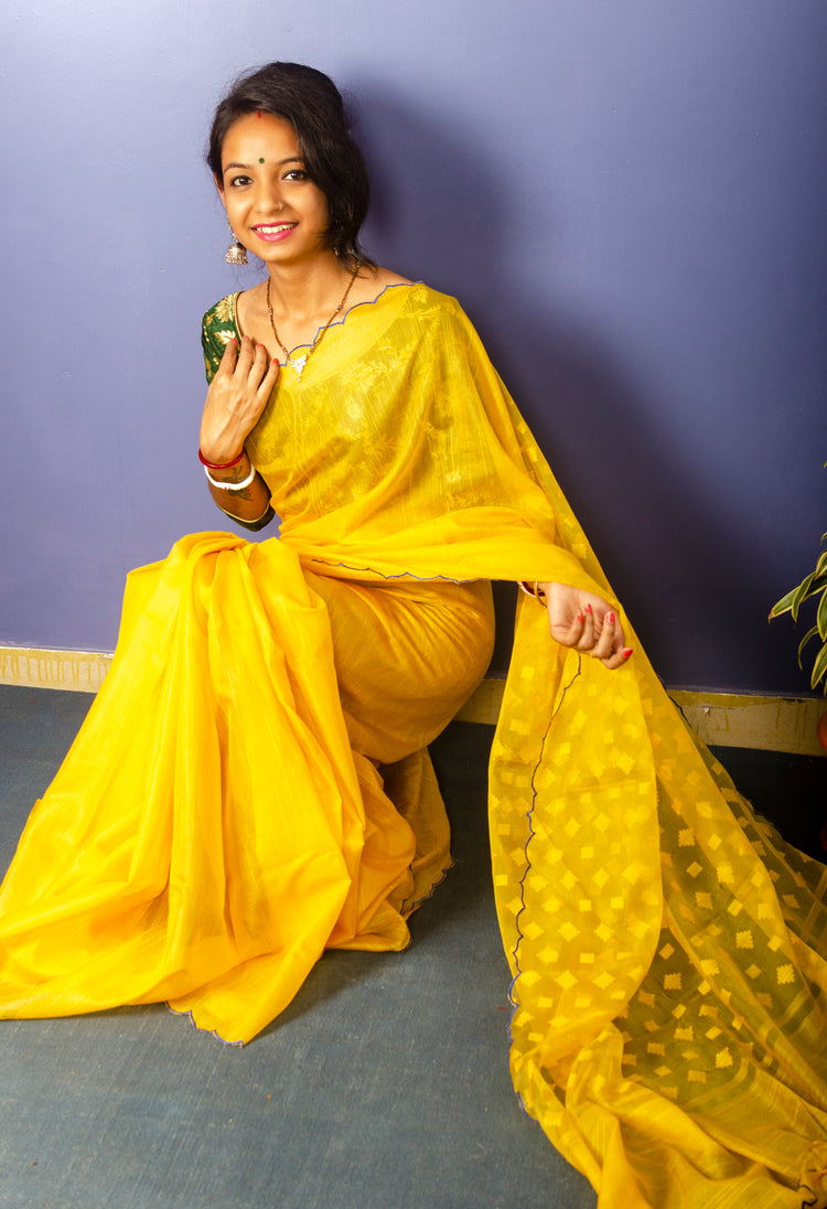 Yellow Resham Sari With Scalloped Border